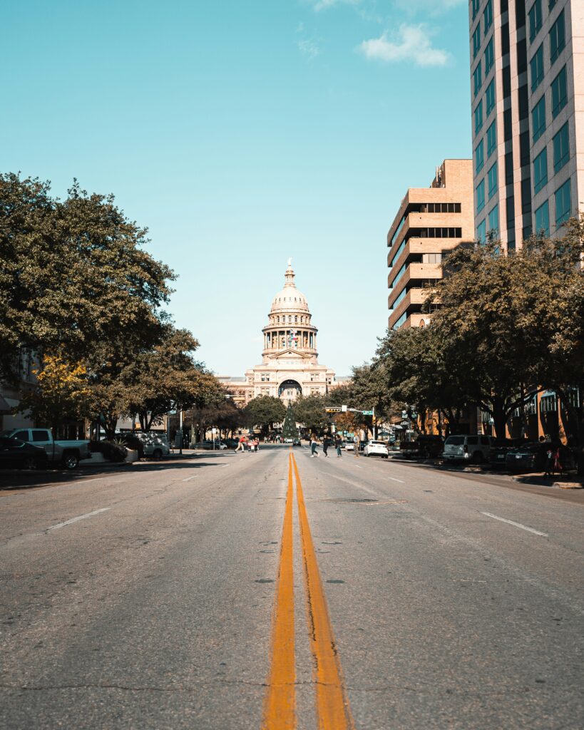 View of capital of Austin from the middle of the road.